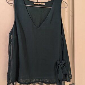 DEX Lace and Side Tie Sleeveless Blouse, Size XS, Dark Green